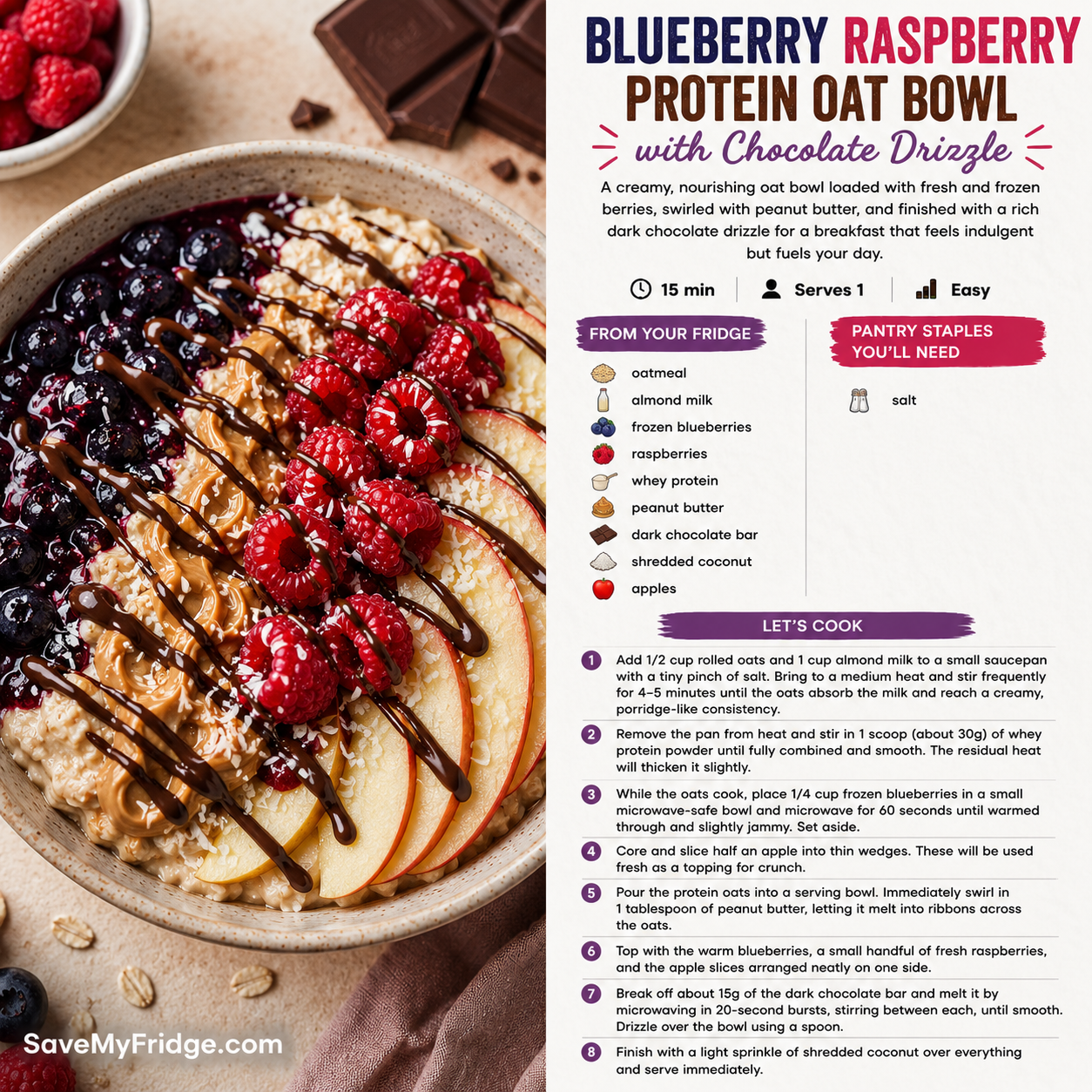 Blueberry Raspberry Protein Oat Bowl with Chocolate Drizzle β the finished dish