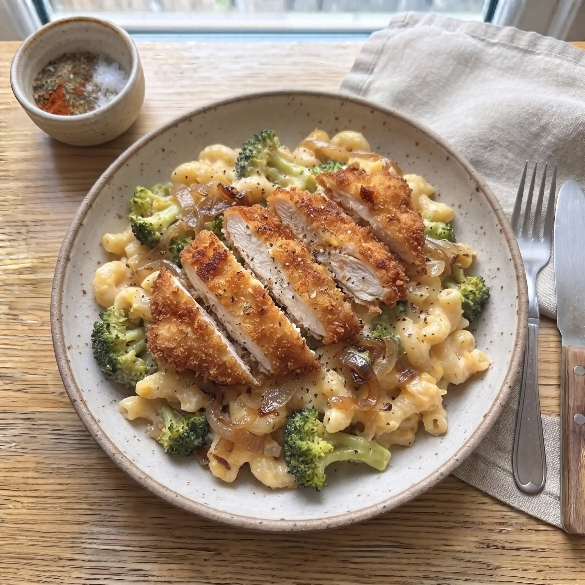Cheesy Broccoli Mac with Crispy Chicken Tenders β the finished dish