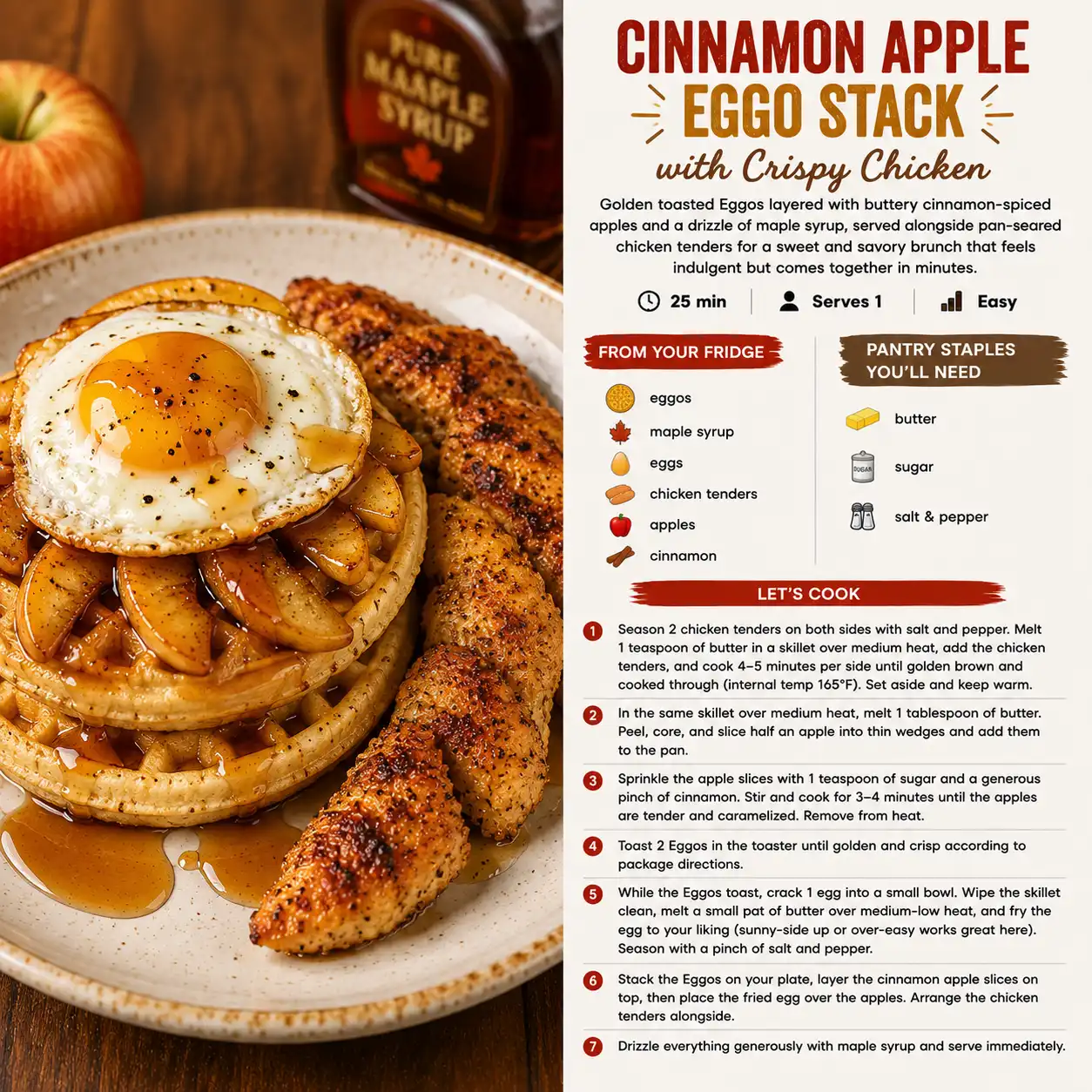 Cinnamon Apple Eggo Stack with Crispy Chicken — the finished dish