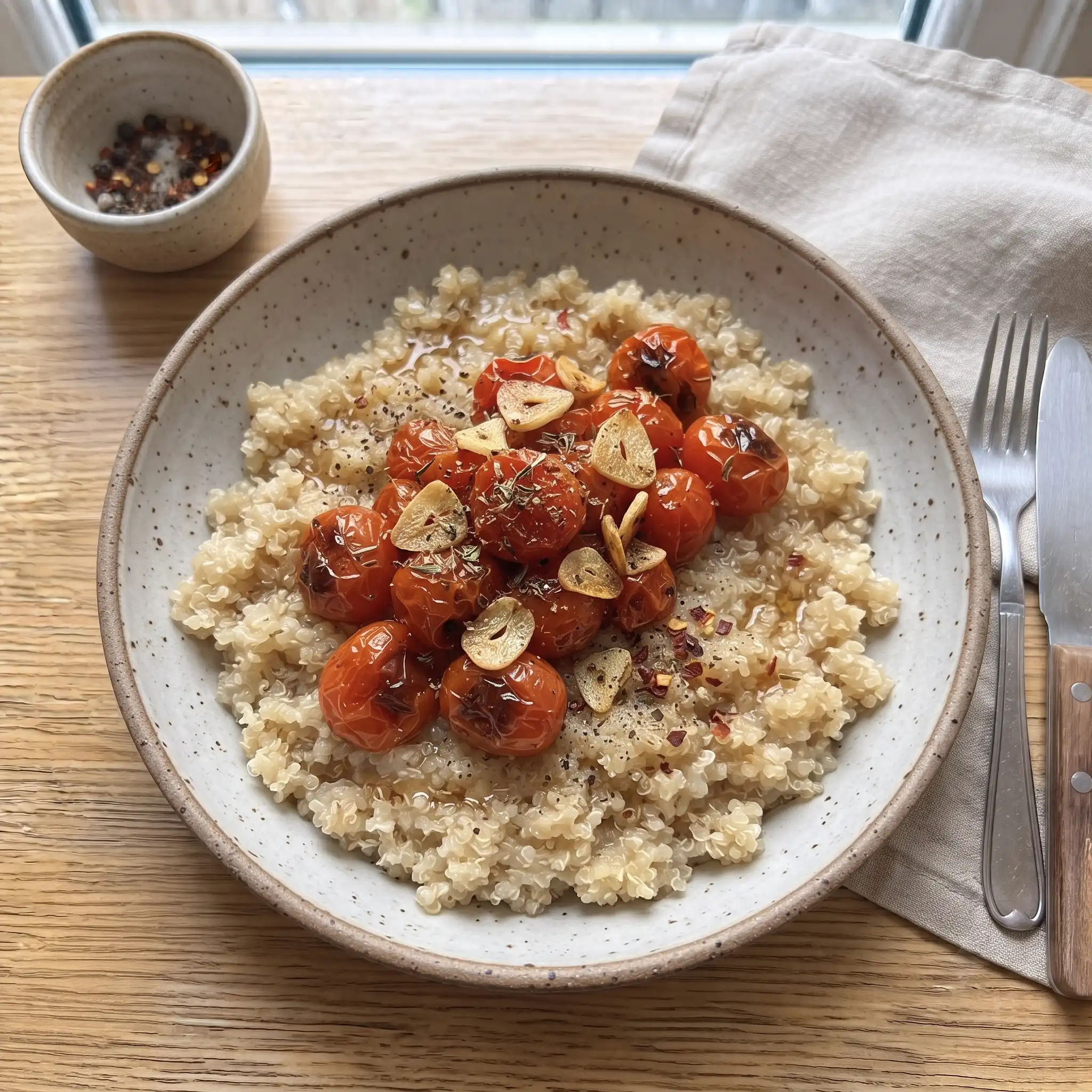 Coconut Quinoa Bowl with Roasted Cherry Tomatoes & Garlic — the finished dish
