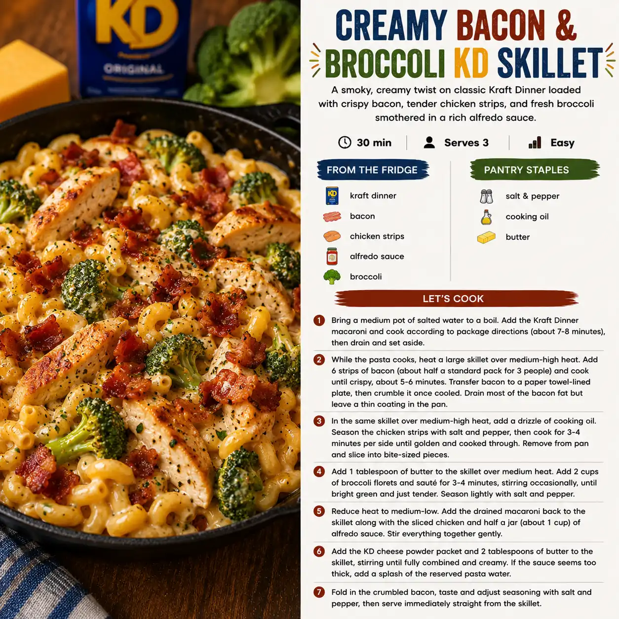 Creamy Bacon & Broccoli KD Skillet — the finished dish