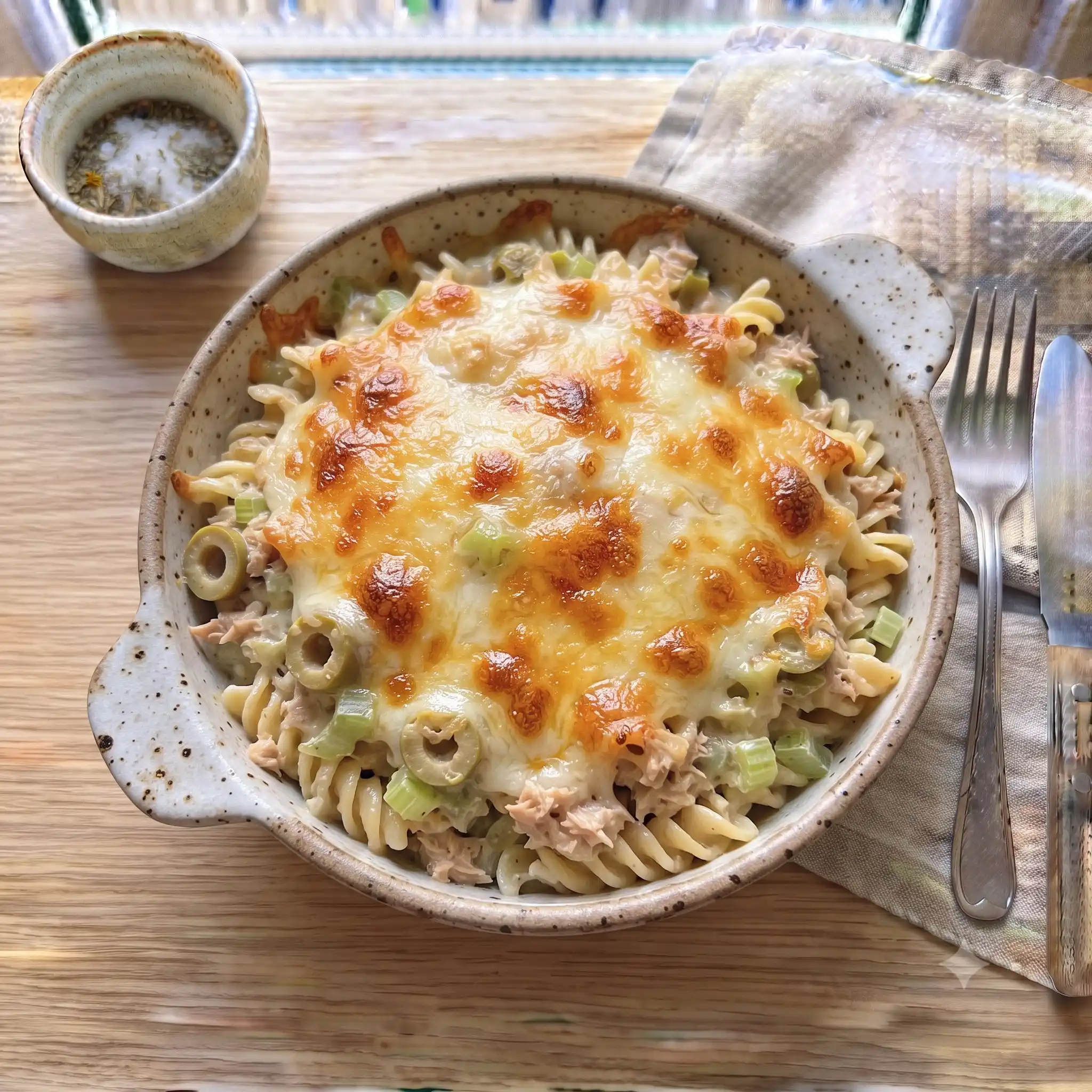 Creamy Tuna Pasta Melt with Celery & Olives — the finished dish