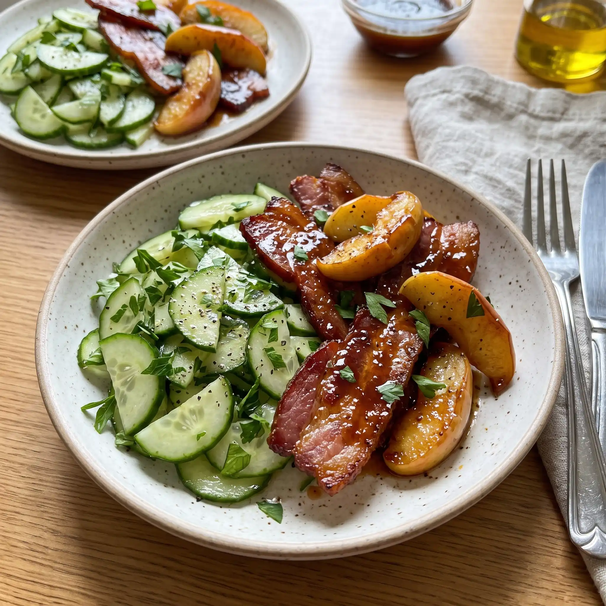 Crispy Bacon & Apple Skillet with Cucumber-Parsley Salad — the finished dish