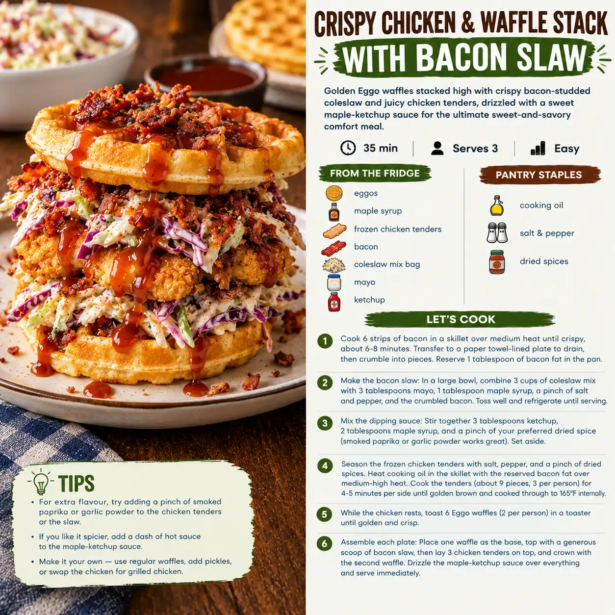 Crispy Chicken & Waffle Stack with Bacon Slaw — the finished dish