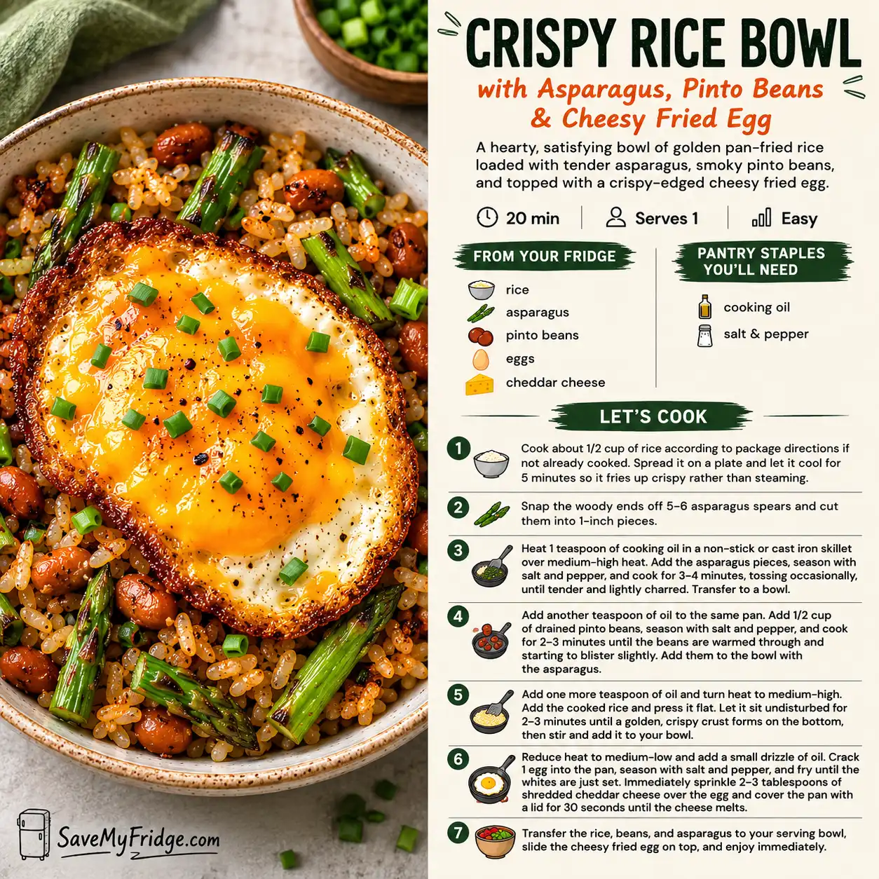 Crispy Rice Bowl with Asparagus, Pinto Beans & Cheesy Fried Egg β the finished dish