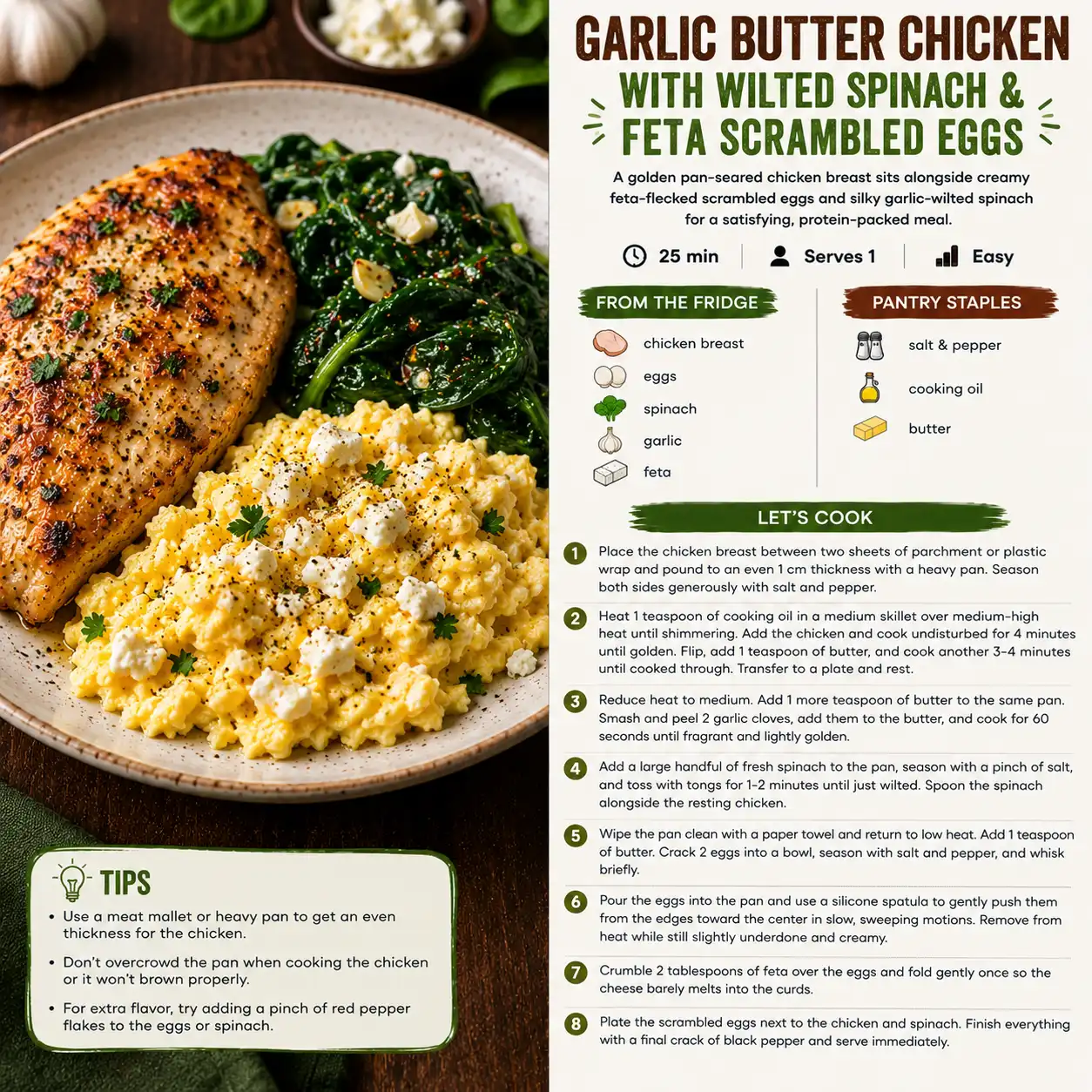 Garlic Butter Chicken with Wilted Spinach & Feta Scrambled Eggs — the finished dish