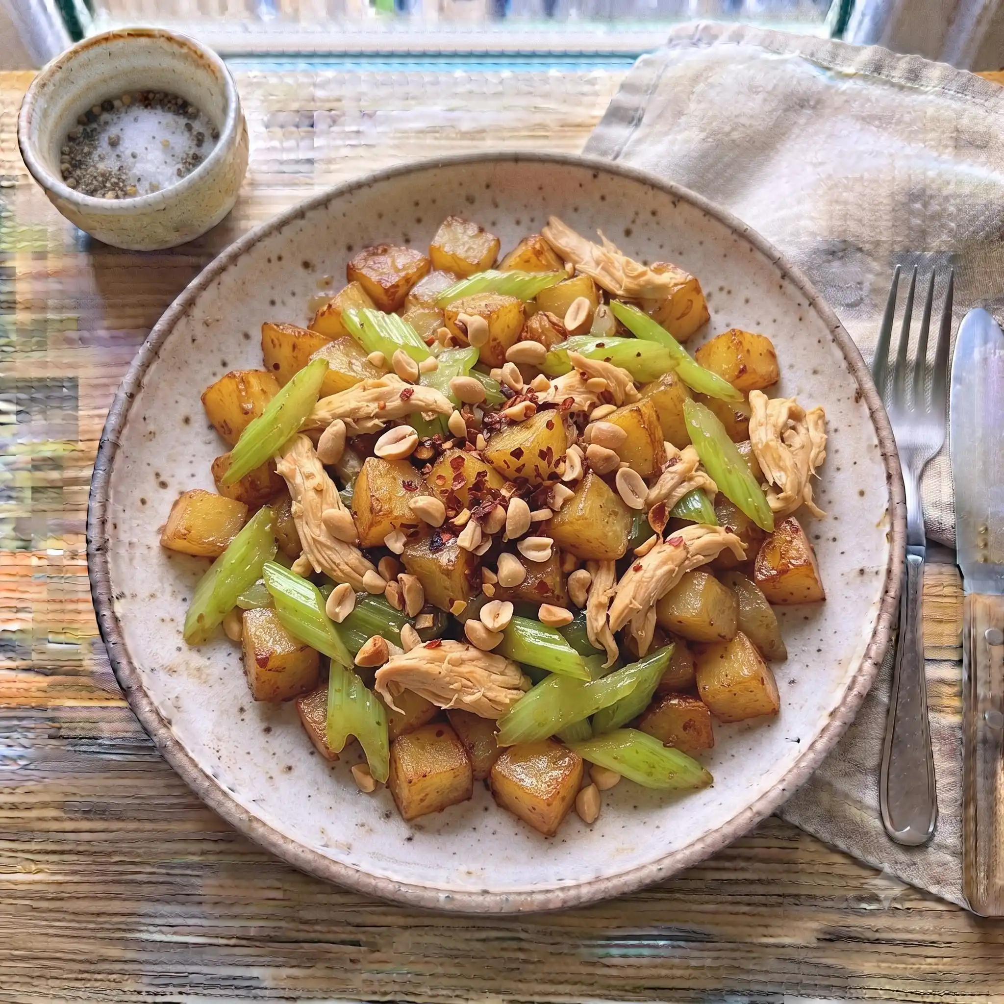 Ginger Garlic Chicken & Potato Stir-Fry with Crunchy Peanuts β the finished dish