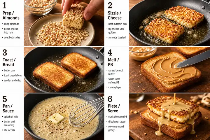 Golden Peanut Butter Melt Toasties with Almond-Crusted Cheese — the finished dish