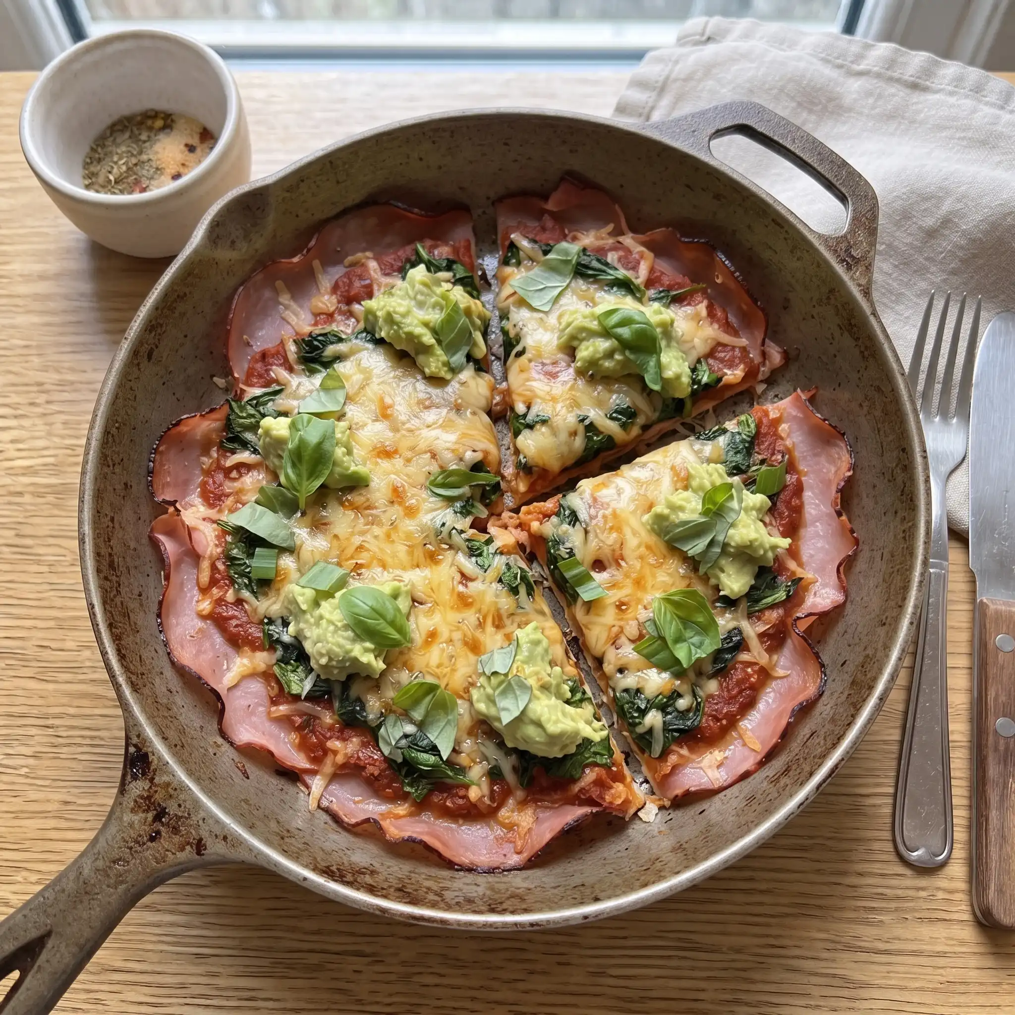 Ham & Spinach Skillet Pizza with Avocado Smash — the finished dish