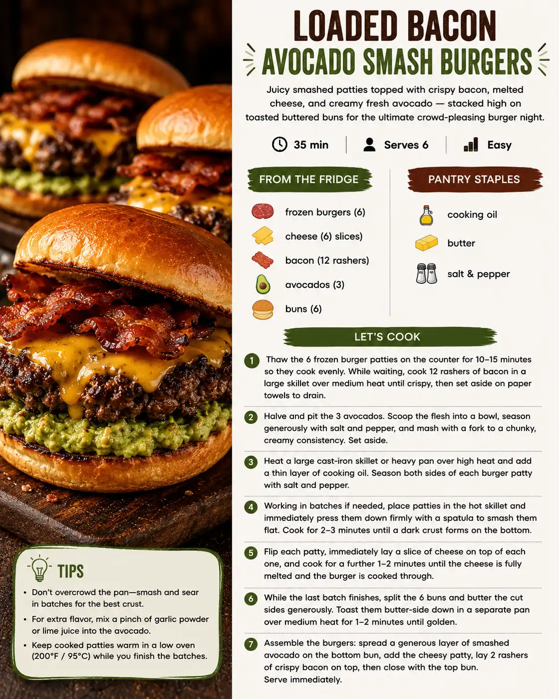 Loaded Bacon Avocado Smash Burgers — the finished dish