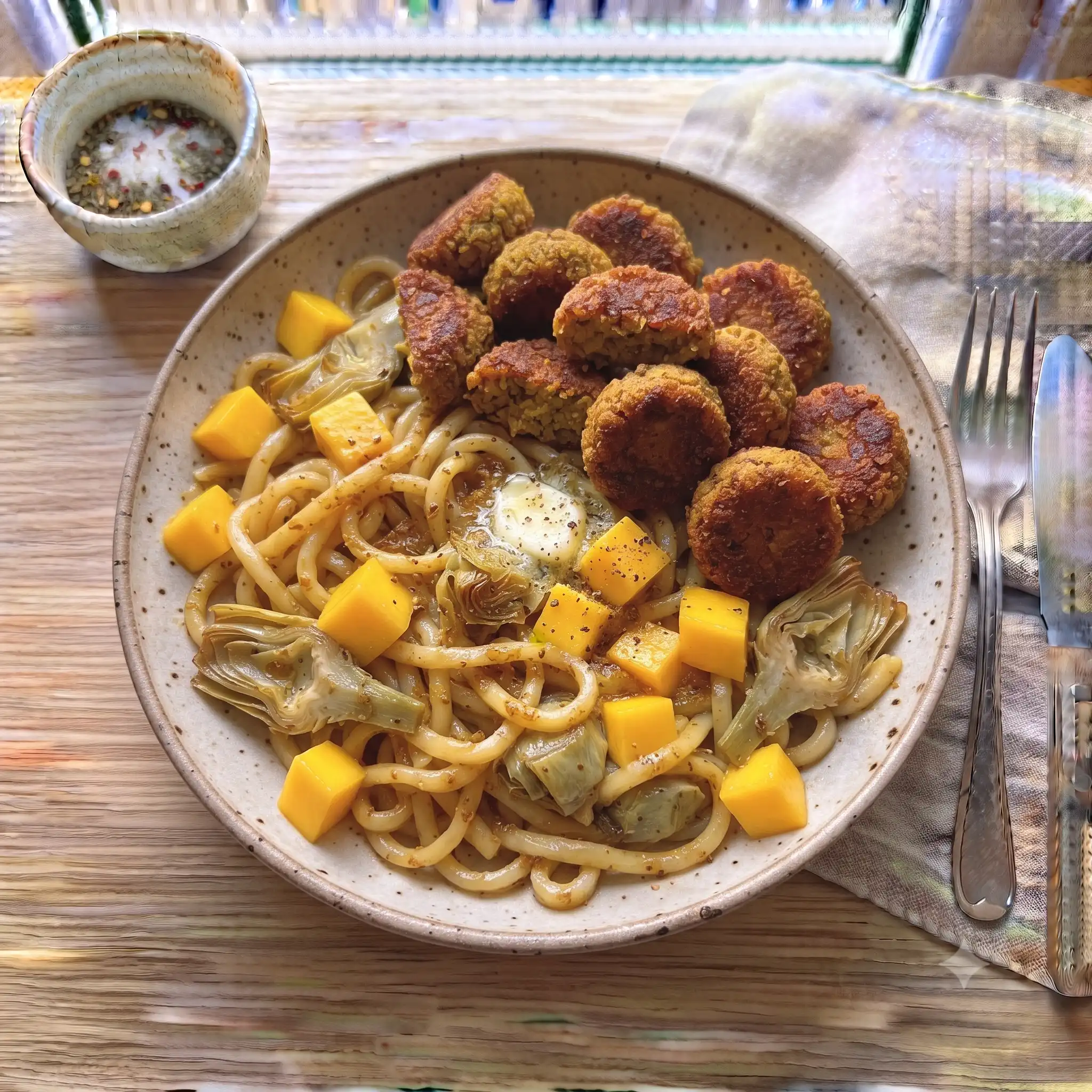Mango Artichoke Udon Stir-Fry with Crispy Falafel — the finished dish