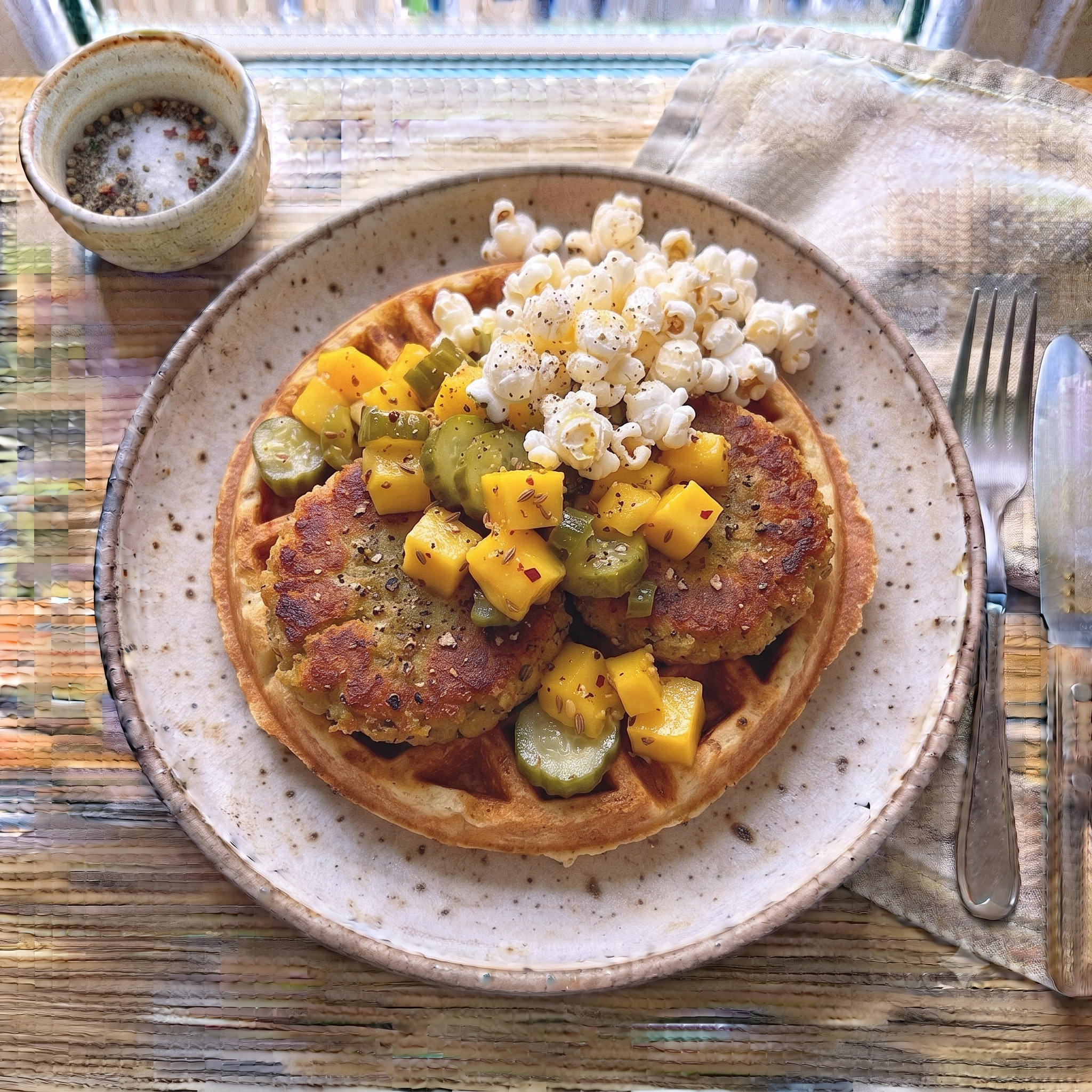 Mango Falafel Waffle Stack with Pickled Cucumber Slaw & Popcorn Crunch — the finished dish