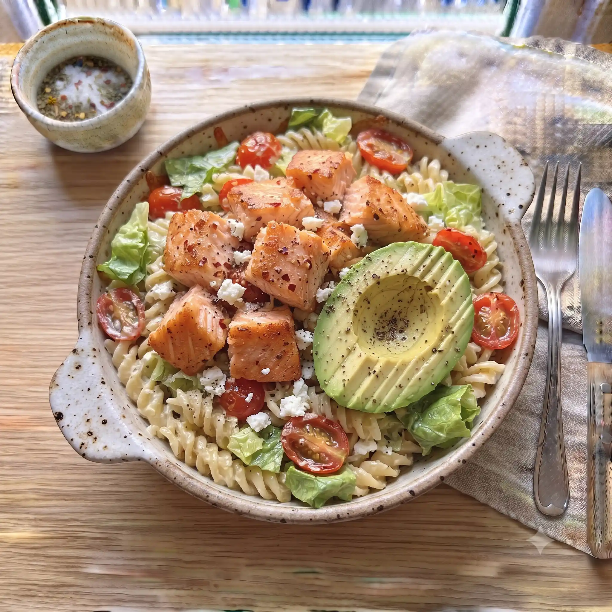 Seared Salmon & Avocado Pasta with Lemon-Feta Dressing β the finished dish