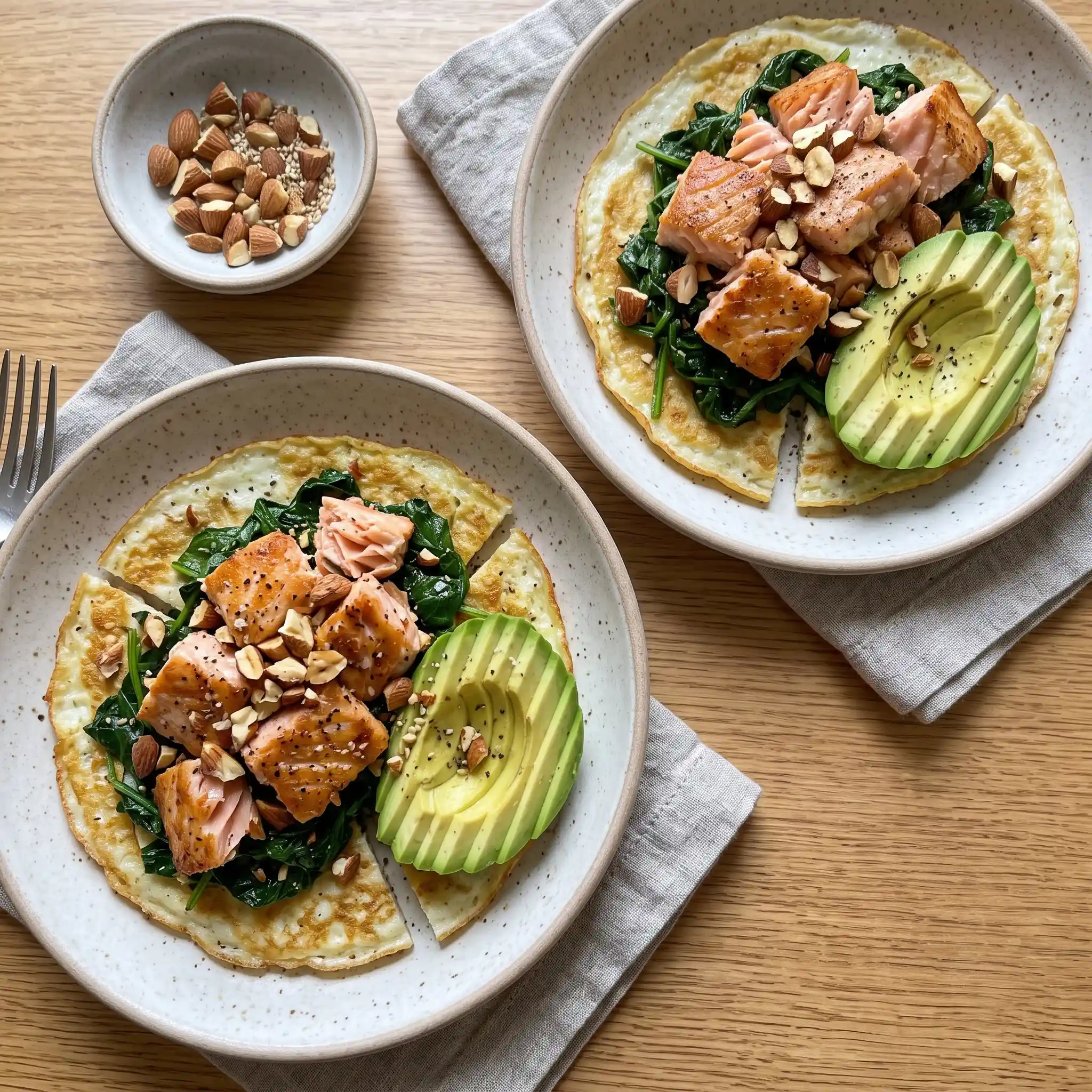 Seared Salmon & Spinach Egg White Nests with Crushed Almonds and Avocado β the finished dish