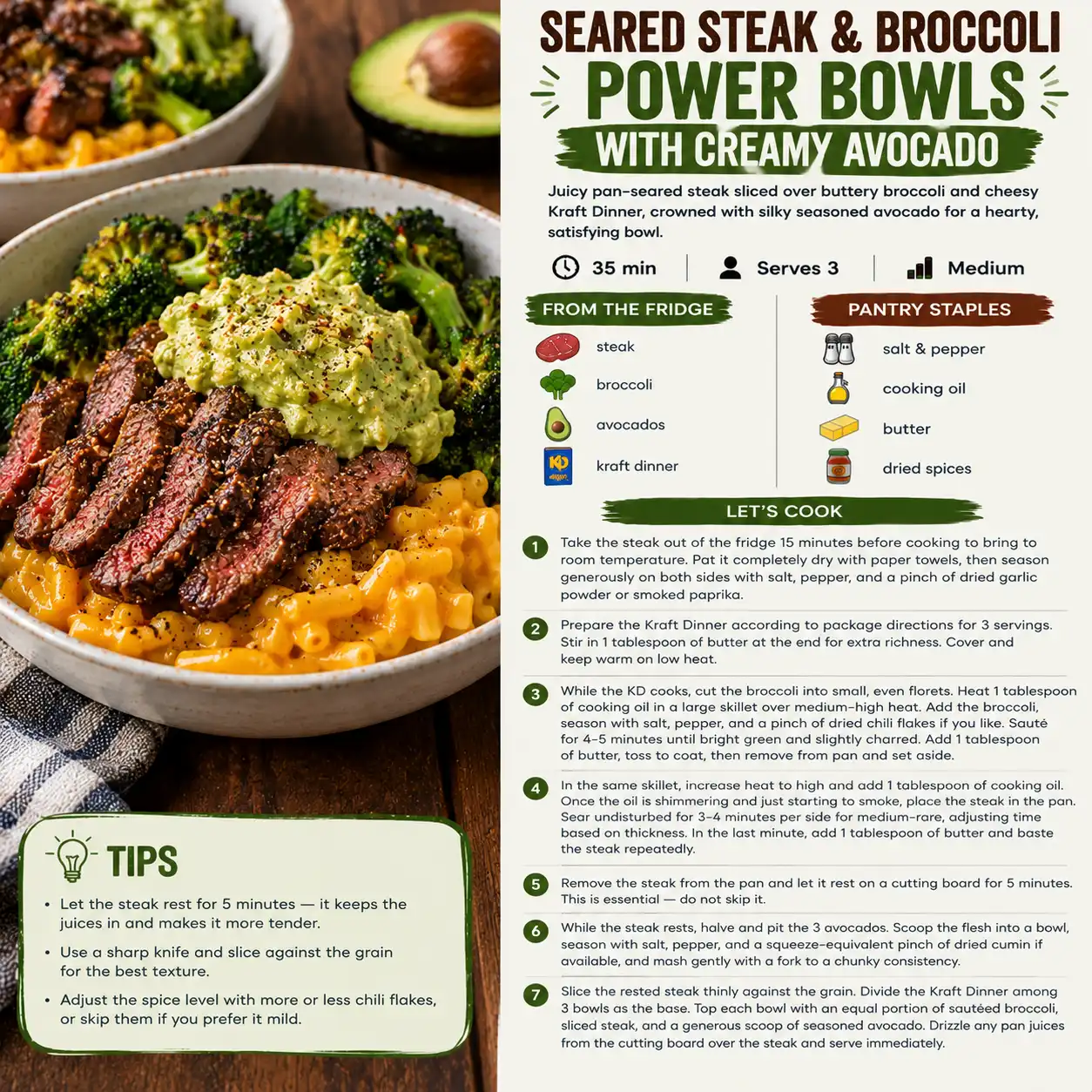 Seared Steak & Broccoli Power Bowls with Creamy Avocado — the finished dish