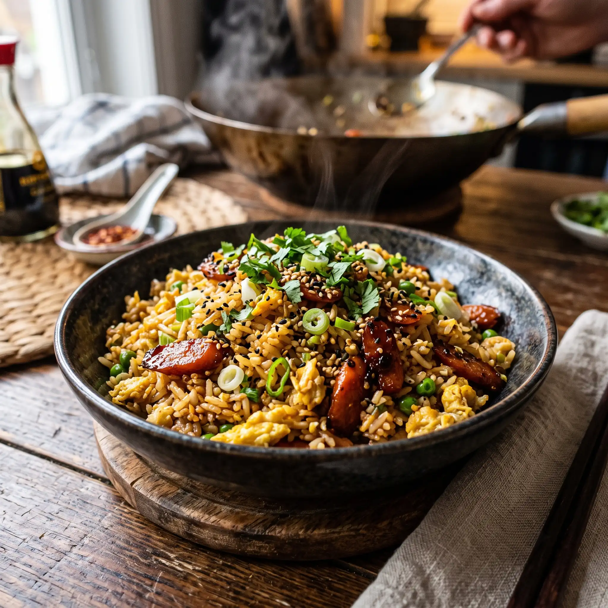 Sizzling Egg Fried Rice with Glazed Carrots — the finished dish