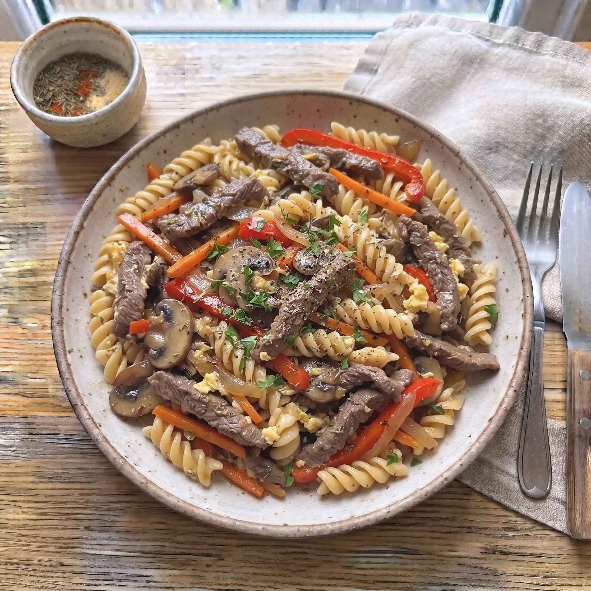Sizzling Steak & Rotini Skillet with Mushrooms and Peppers — the finished dish