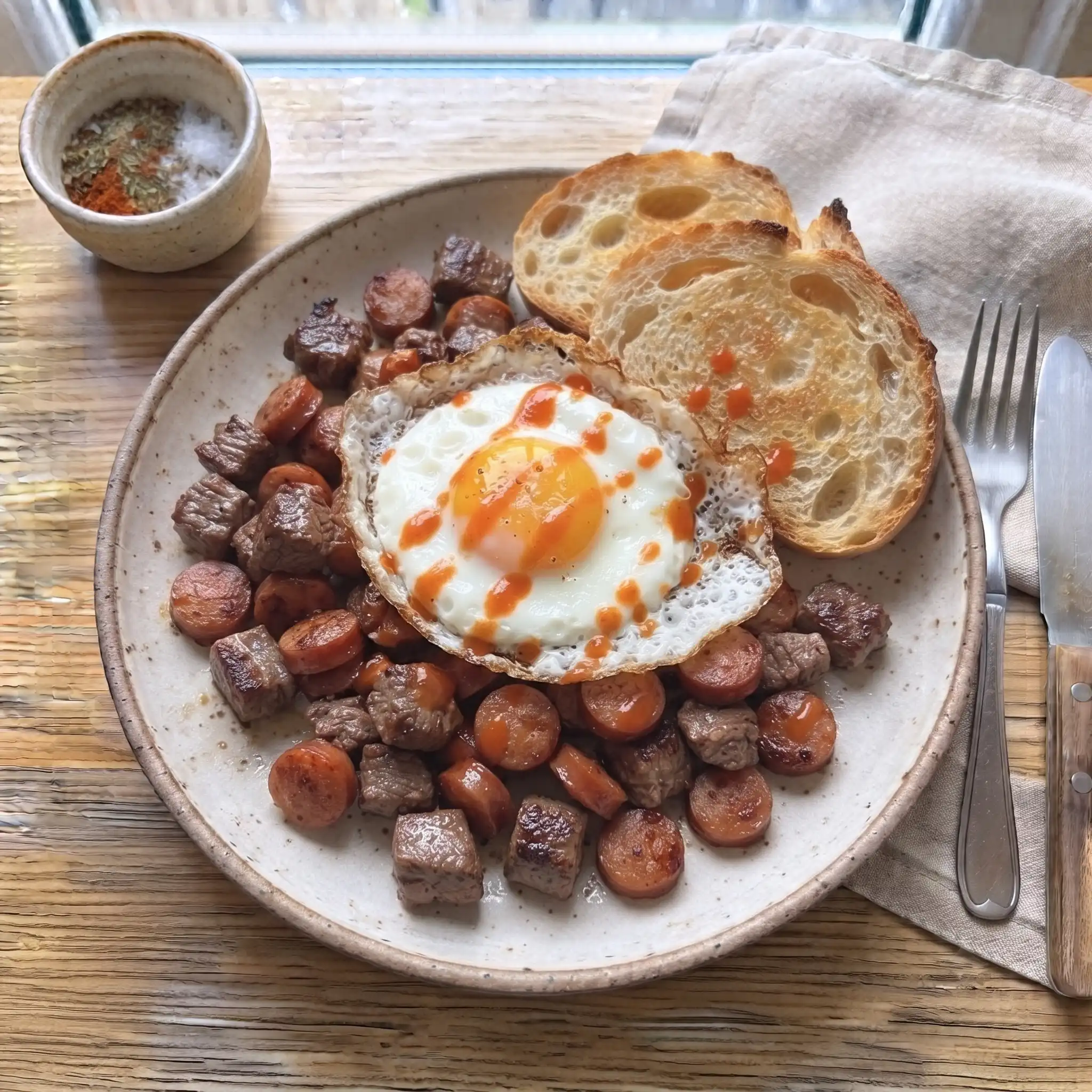 Sizzling Steak & Sausage Hash with a Fried Egg β the finished dish