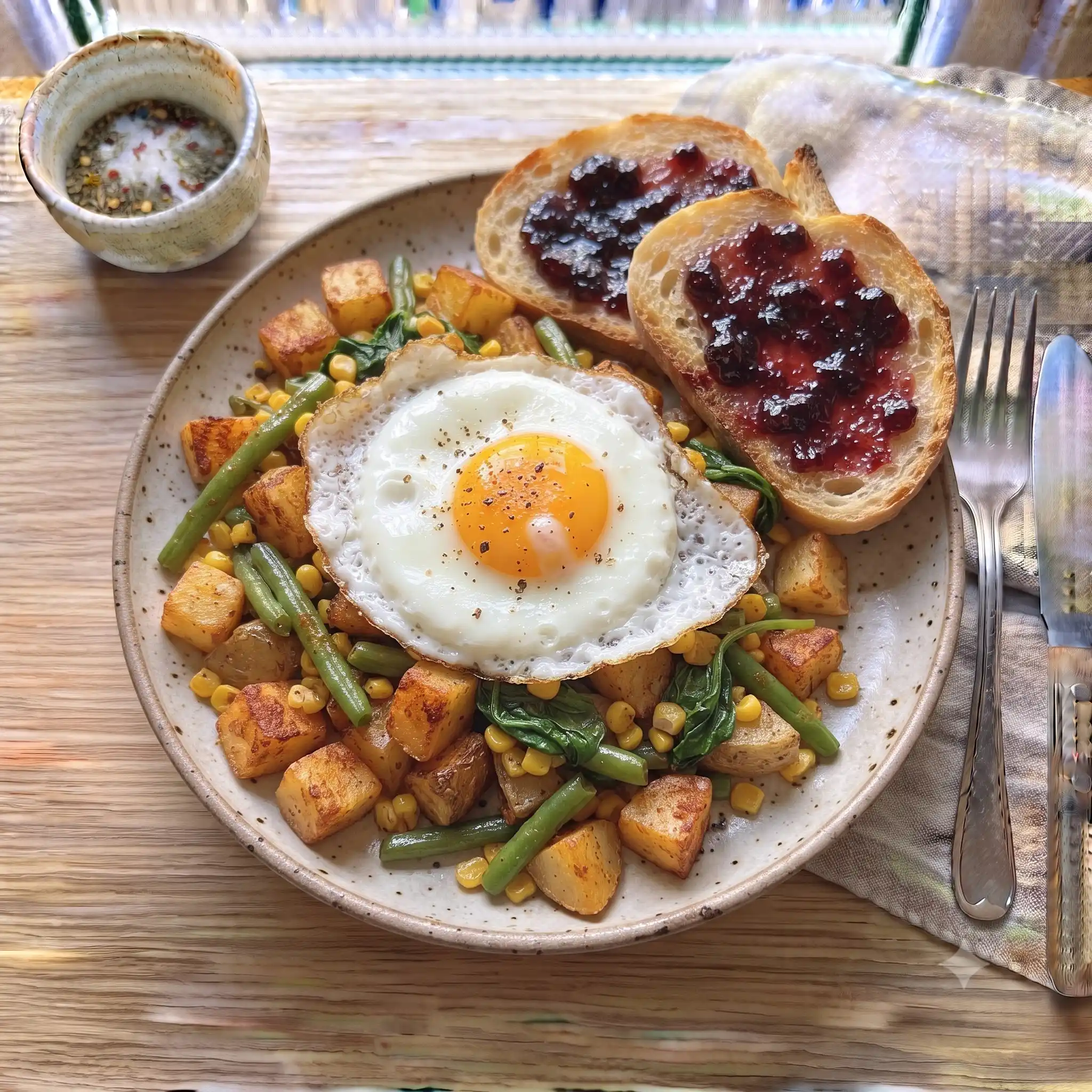 Skillet Farm Hash with a Jammy Fried Egg — the finished dish