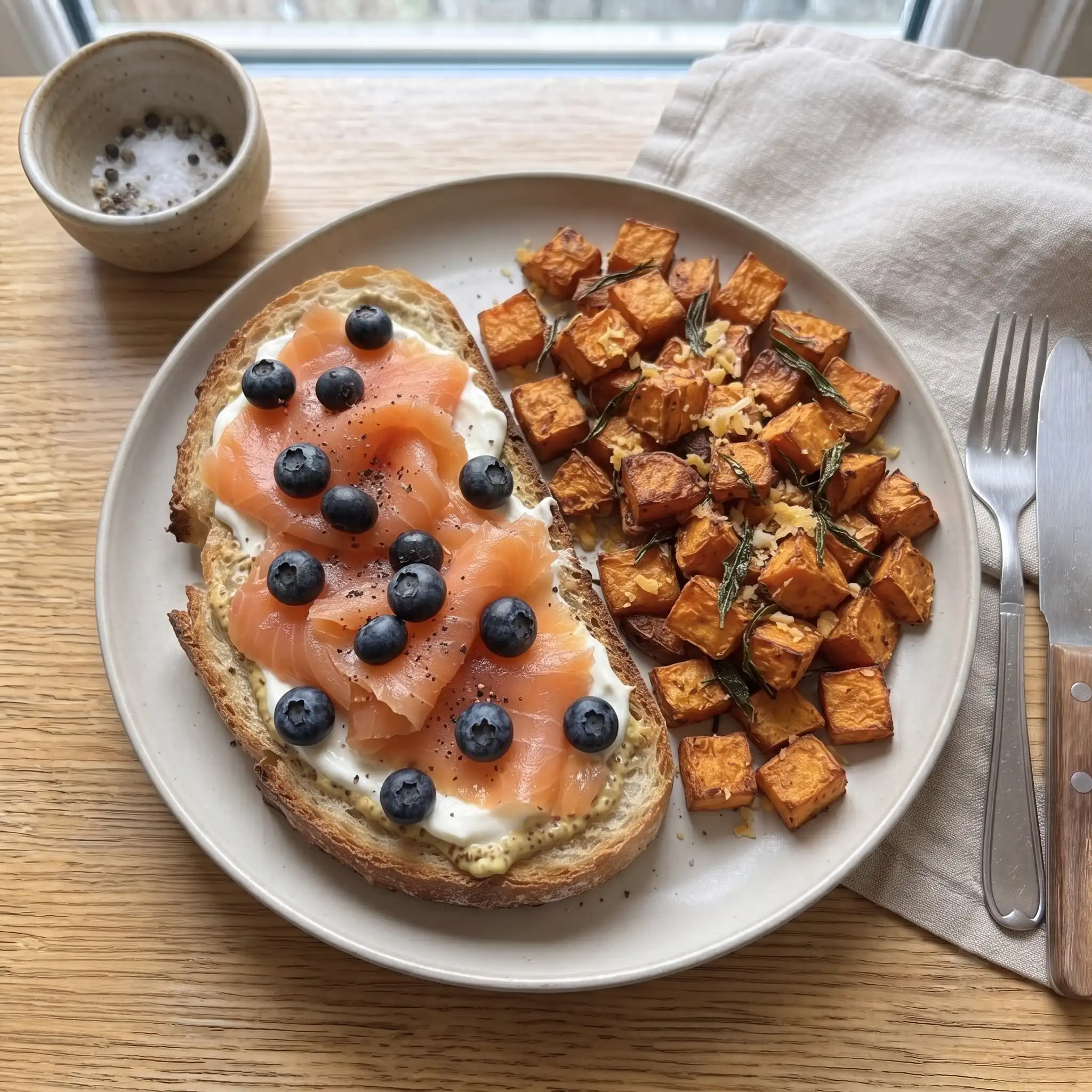 Smoked Salmon & Blueberry Open-Face Sourdough with Rosemary Sweet Potato Hash β the finished dish