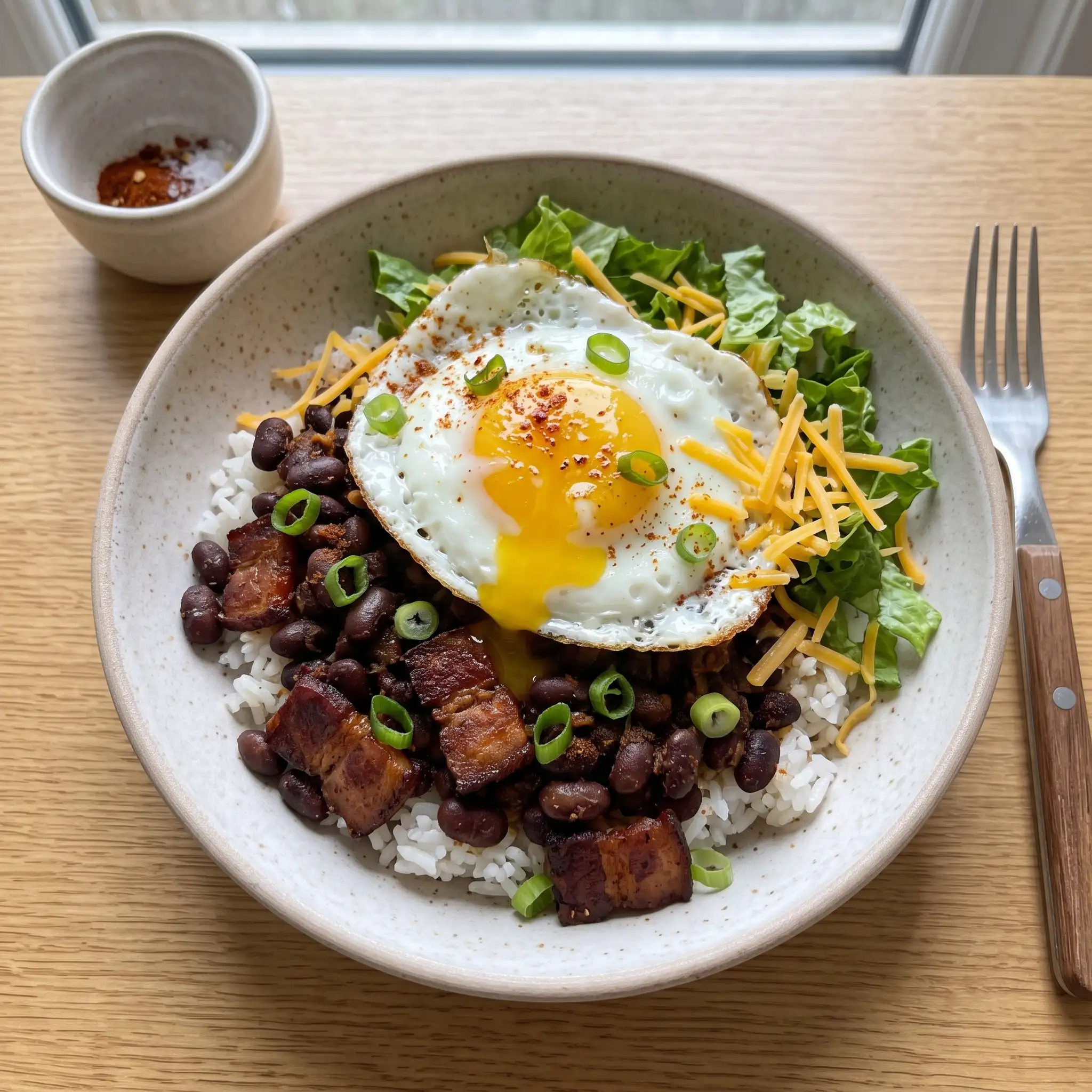 Smoky Bacon & Bean Rice Bowl with Fried Eggs β the finished dish