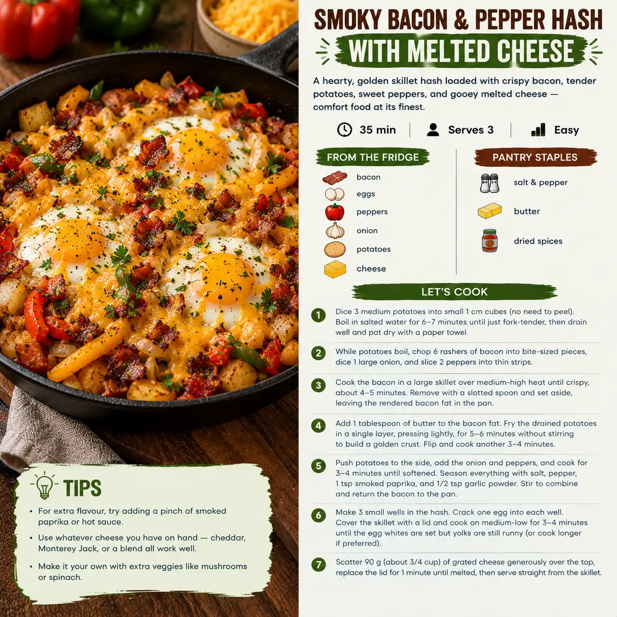 Smoky Bacon & Pepper Hash with Melted Cheese — the finished dish