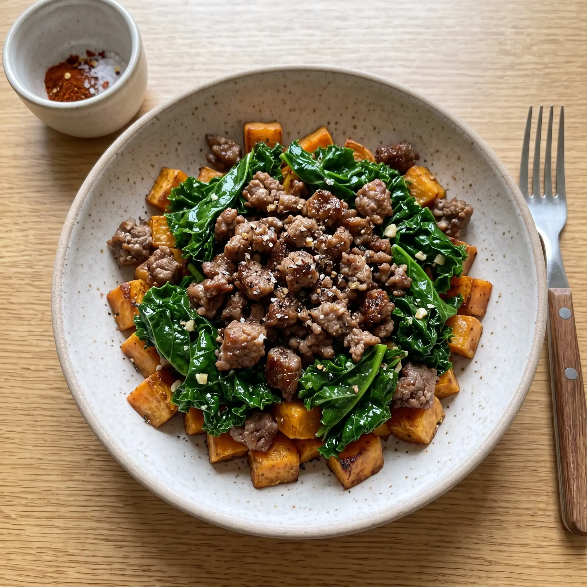 Smoky Beef & Kale Sweet Potato Bowl — the finished dish