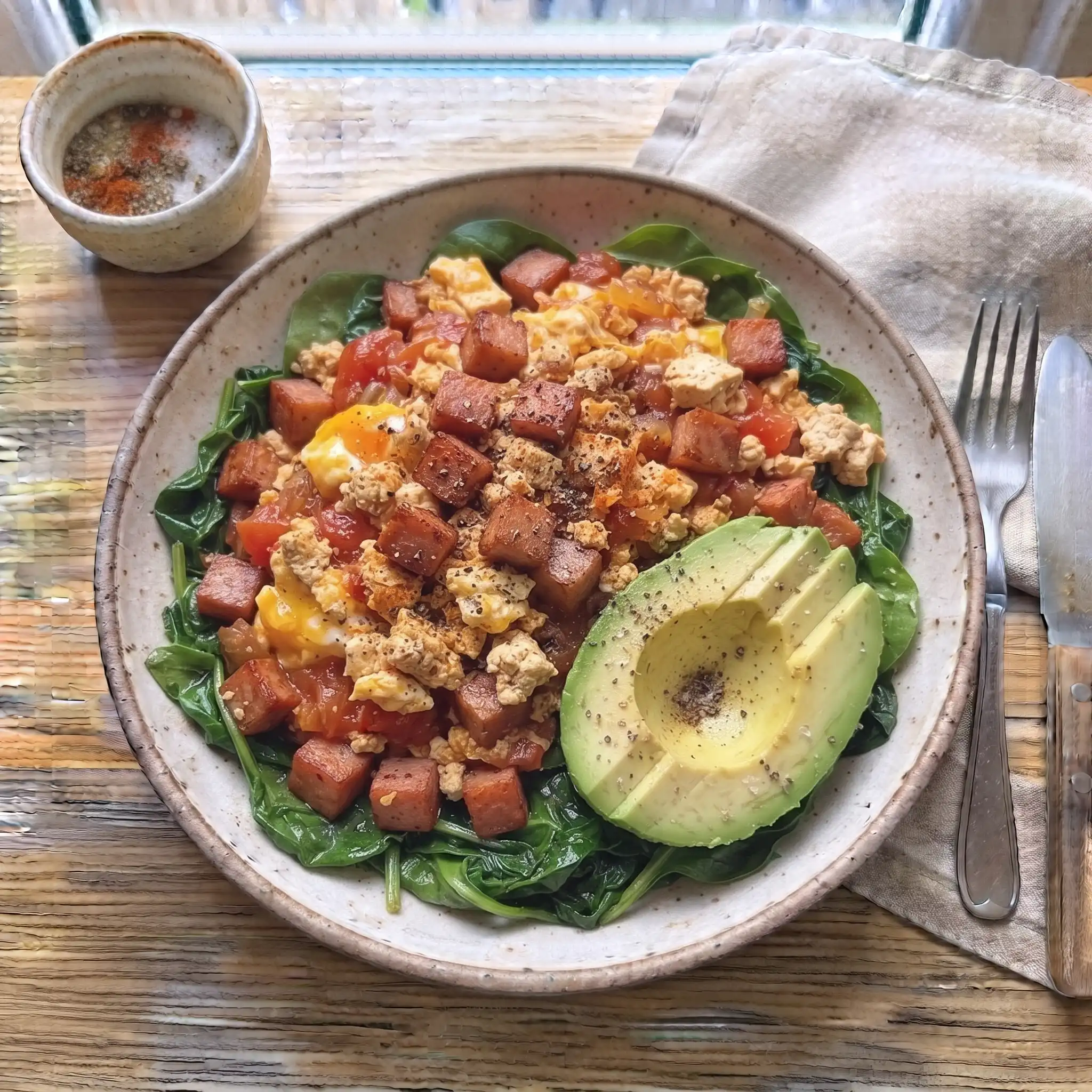 Smoky Spam & Tofu Scramble Bowl with Garlicky Spinach — the finished dish