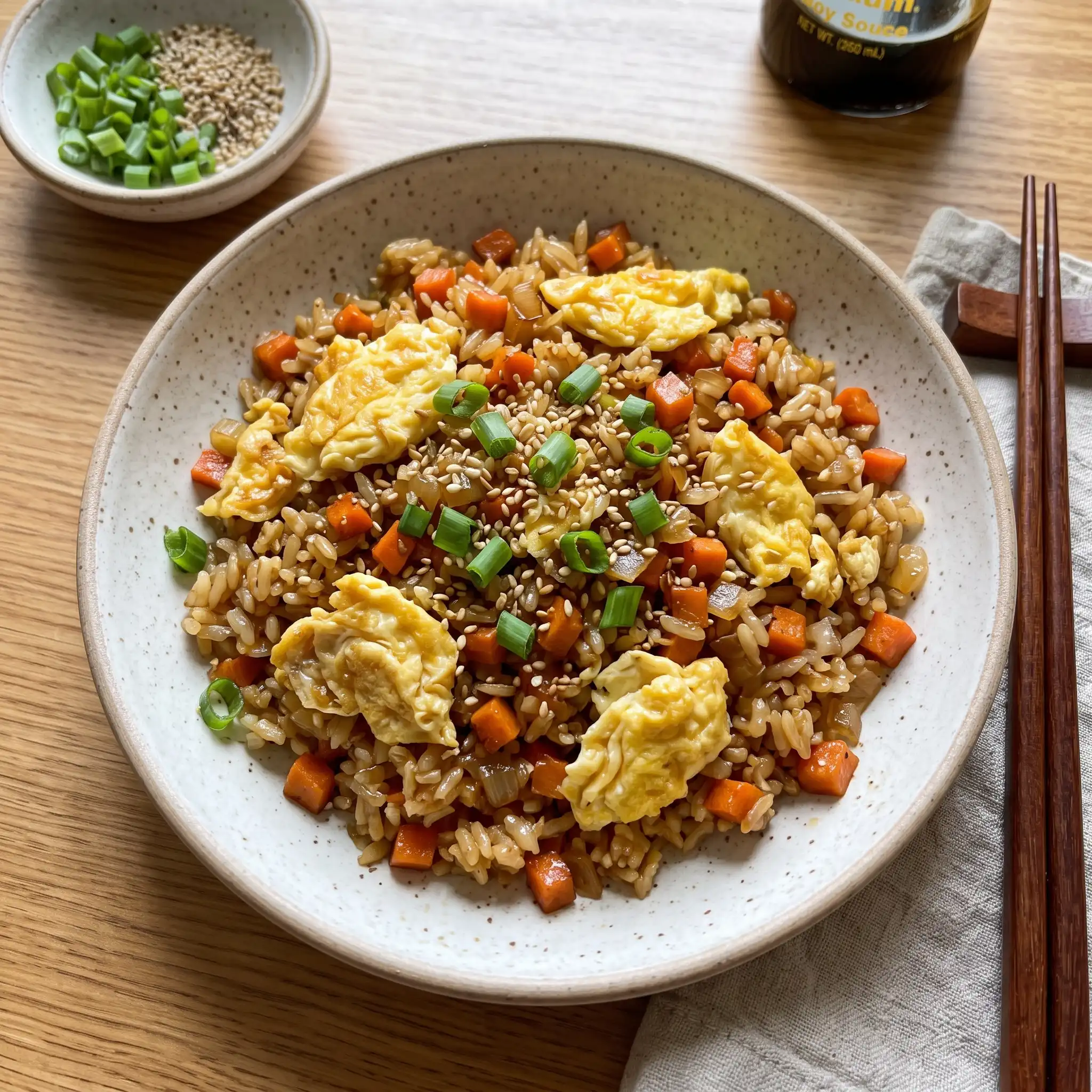 Soy-Glazed Egg Fried Rice with Carrot — the finished dish