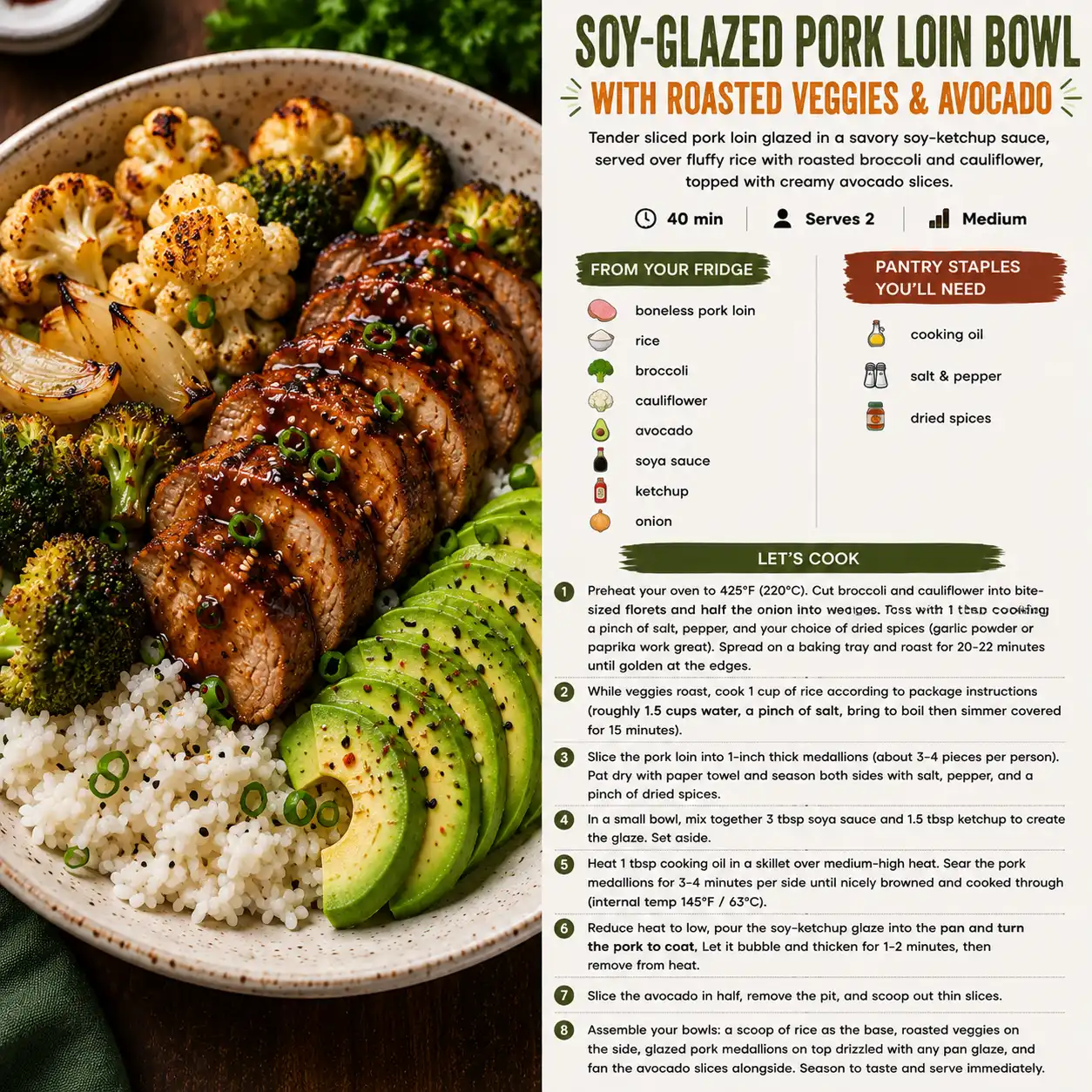 Soy-Glazed Pork Loin Bowl with Roasted Veggies & Avocado — the finished dish