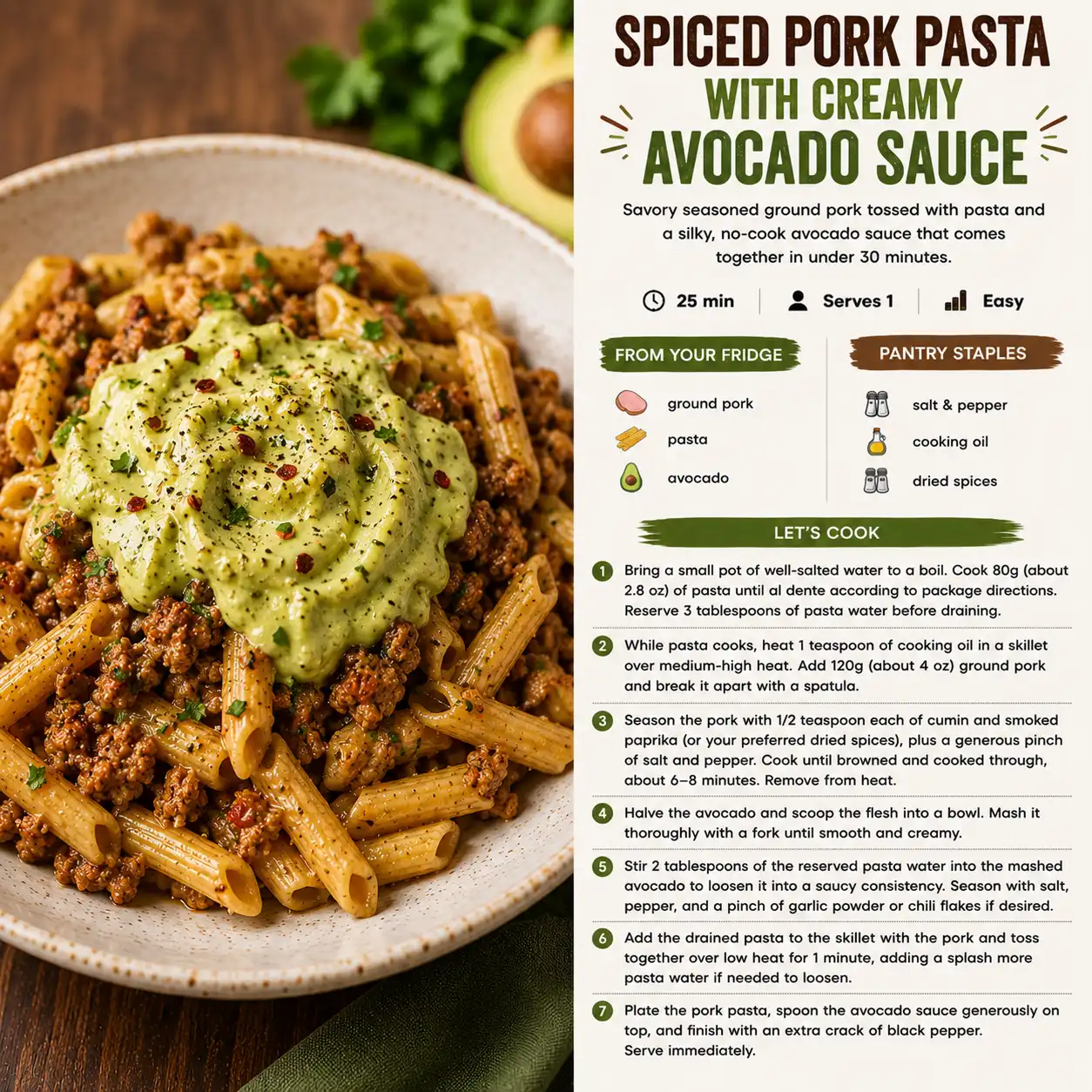 Spiced Pork Pasta with Creamy Avocado Sauce — the finished dish