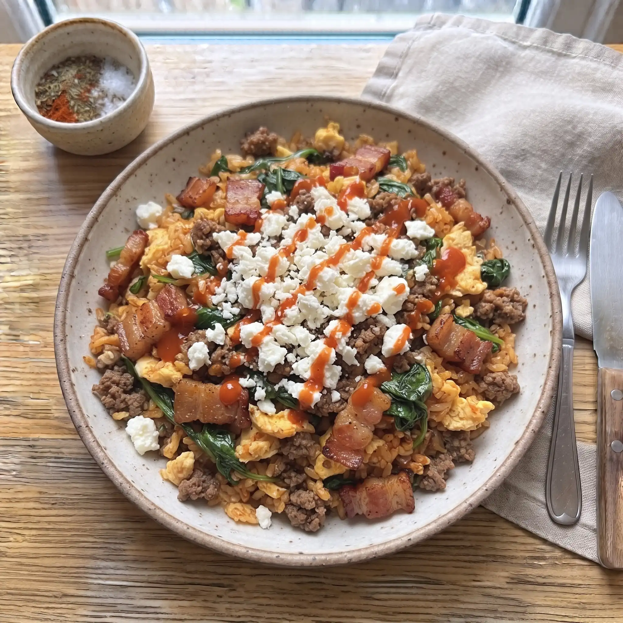 Spicy Bacon & Beef Fried Rice with Spinach and Feta — the finished dish