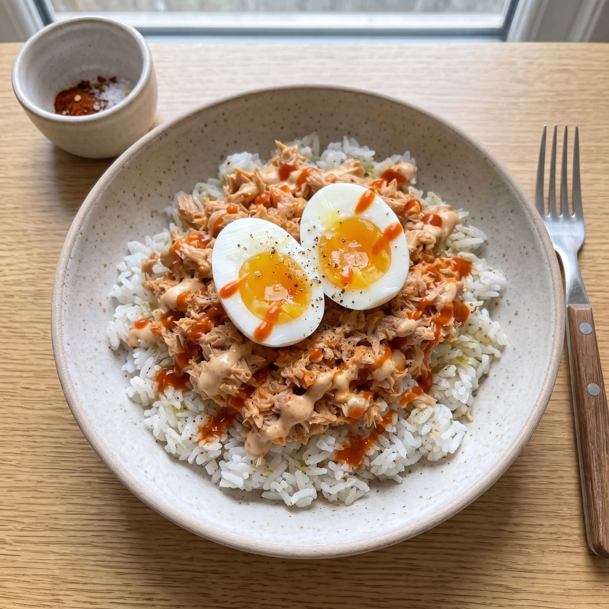 Spicy Tuna & Rice Power Bowl with Jammy Egg — the finished dish