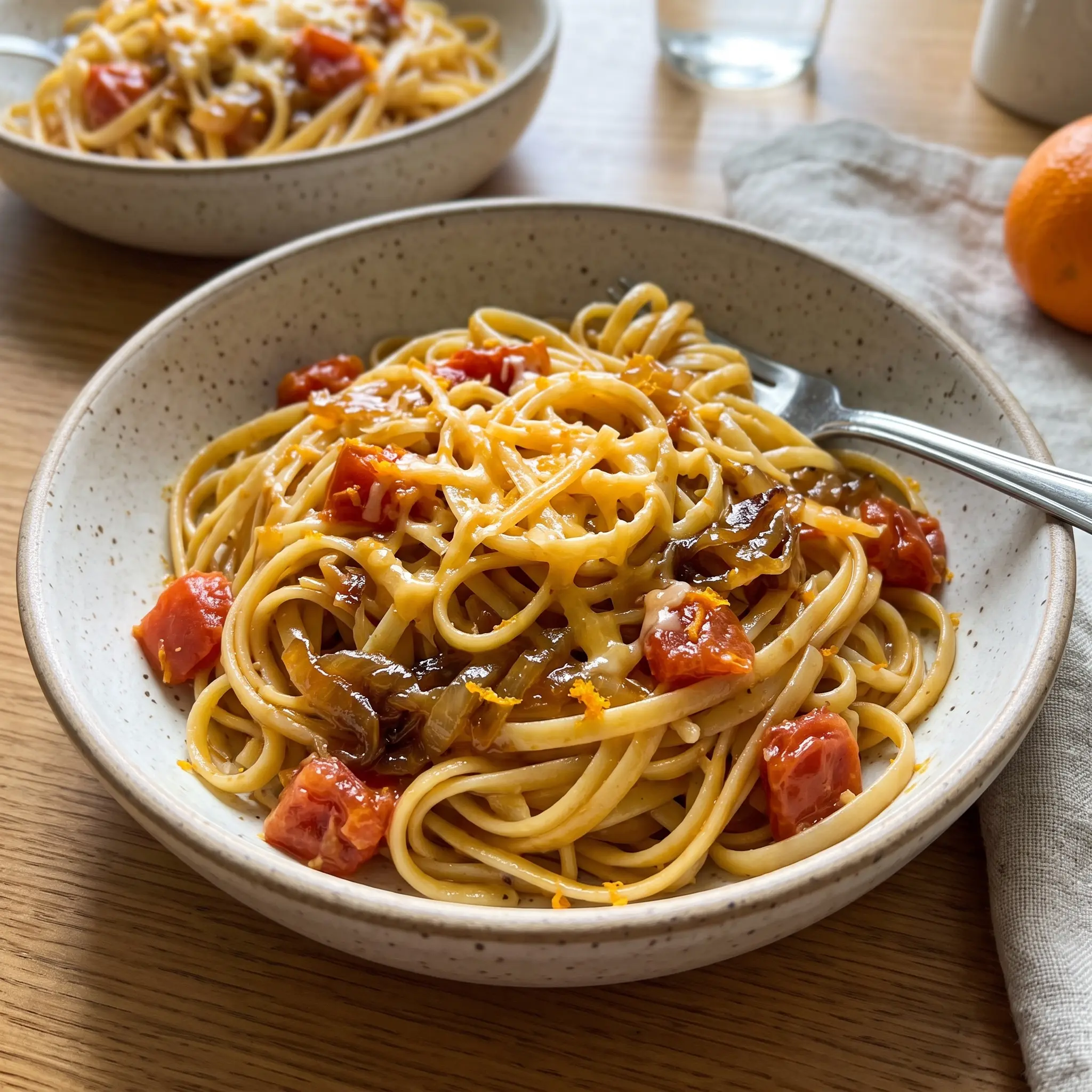 Tangy Orange-Mustard Glazed Tomato & Onion Pasta β the finished dish